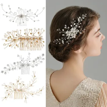 Ръчно изработени листа Цветя Перли Булчински шапки за сватба Златен гребен за коса за жени Сребърни бижута Сладки шаферки подаръци