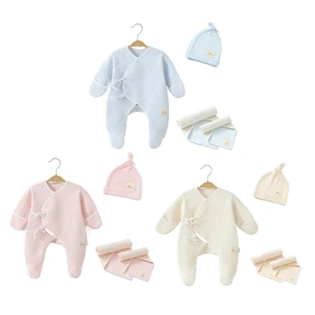 C5AA бебешка шапка кърпа гащеризони комплект новородено пижама памук облекло бебе душ подарък