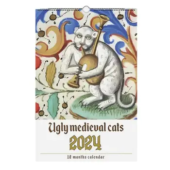 Странен котешки стенен календар 2024 Висящ календар с животинска картина Многофункционален средновековен календар за котки за домашни декори