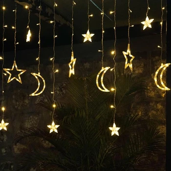 Eid Слънчева звезда Луна завеса лампа Приказни светлини Коледни празнични декорации за дома Външна градина Прозорец стая Сватбен декор