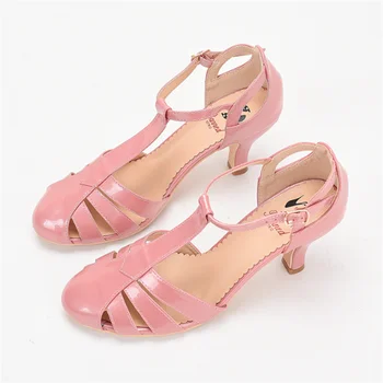Мода Ретро колеж стил лак кожа висок ток обувки Т-образни кухи сандали за жени обувки Zapatillas Mujer