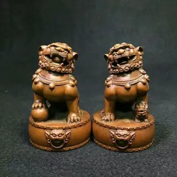 Китайски чемшир дърворезба Fengshui лъв Фу Foo куче охрана звяр статуя двойка