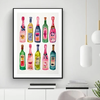 Nordic Fashion Abstract Art Canvas Painting Champagne Bottle Pink Colorful Poster Bar Living Room Corridor Home Decoration Mural