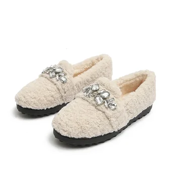 Марка дамски плоски обувки нови космати бобови обувки женски зимни облекла агнешка вълна мързеливи обувки плюс кашмирени памучни обувки