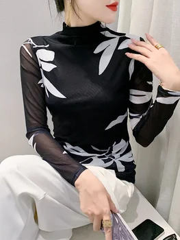Winsleter Streetwear тениска дълъг ръкав Tee жени секси поло позиция печат тънък окото отгоре есен зима T39925JM