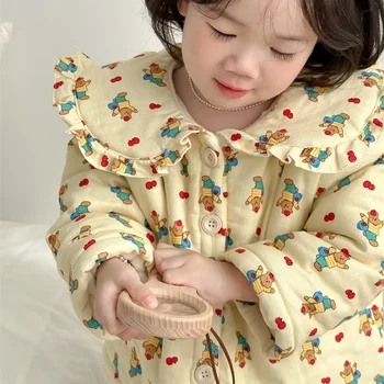 Зимна нова детска пижама Корейско издание Домашен комплект кожени изделия с плюшена дантела на момичето Памучен топ + панталони Костюми