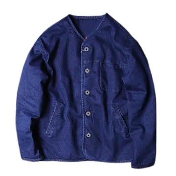 Япония стил ватирани подплата мъже v-образно деколте деним яке еднореден 2023 есен зима тъмно синьо реколта Жан якета