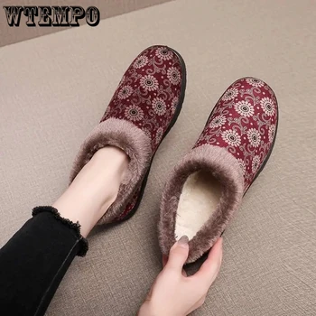 Реколта памучни обувки жените печат плитки приплъзване плюшени топло плоска подметка antiskid прост случайни дишаща китайски стил зимата
