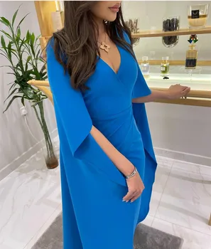 Carolina елегантни дълги креп сини вечерни рокли فساتين سهرة обвивка v-образно деколте плисирани етаж дължина абитуриентски рокли за жени