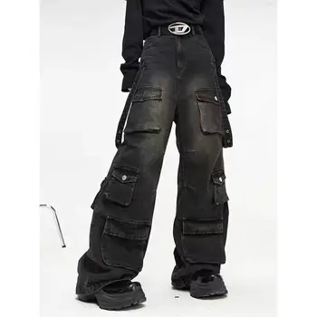 карго дънки панталони мъже извънгабаритни широки крака дънкови панталони мъжки черен дизайн японски улично облекло хип-хоп джоб сафари стил