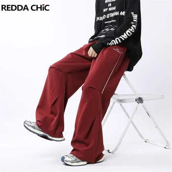 REDDACHIC Мъжки еластична талия раирани ежедневни панталони ретро червени плисирани широки крака панталони за свободното време панталони Y2k корейски улично облекло