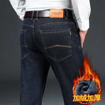 Fleece Jeans Мъжки есенни и зимни бизнес прави панталони Свободни термични панталони Зимно руно Удебелени мъже Casual Всичко