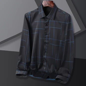 Модни карирани ризи за мъже 2023 Нови интелигентни ежедневни дълги ръкави тънък риза дрехи завой-надолу яка извънгабаритни мъжки ризи