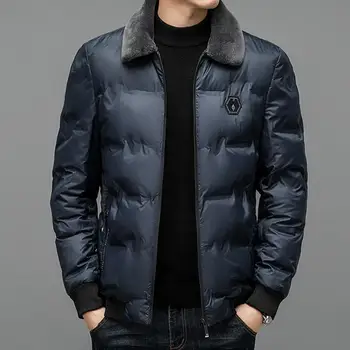 Мъжки термо яке стилен термо яке стилен средна дължина мъжки надолу палто с изкуствена кожа ревера ветроупорен студ за есен/зима