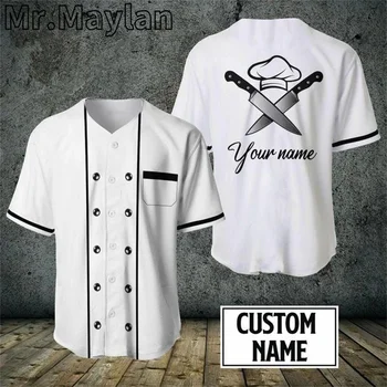 Персонализиран готвач череп бейзбол Джърси бяла риза 3D печат майстор готвач бейзболна риза мъжка риза ежедневни ризи хип-хоп върхове-1
