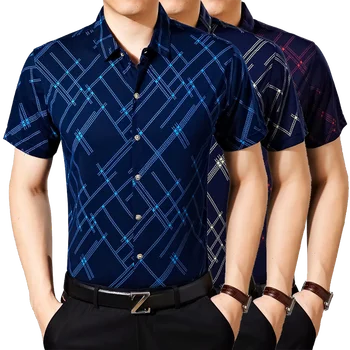 Лято къс ръкав печат контрастни ризи мъже без желязо работно облекло тънък социална риза маркови мъжки дрехи реколта стил риза A39