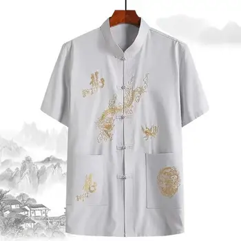 Риза в китайски стил Мъжка китайска традиционна ленена риза с дизайн на катарама за ръчна плоча Ориенталски ретро топ за удобно