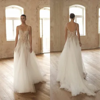 Спагети каишка сватбена рокля апликации A-Line тюл етаж дължина дантела нагоре по поръчка роба де Mariée