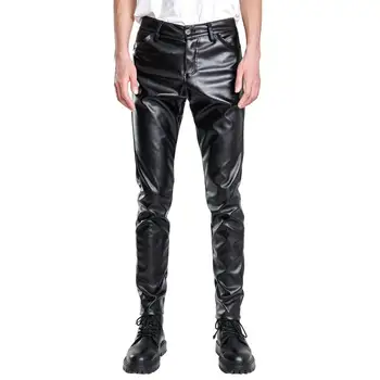 Мъжки клубни панталони стилни мъжки панталони от изкуствена кожа Slim Fit дишаща хип-хоп вдъхновено улично облекло с меки джобове глезена