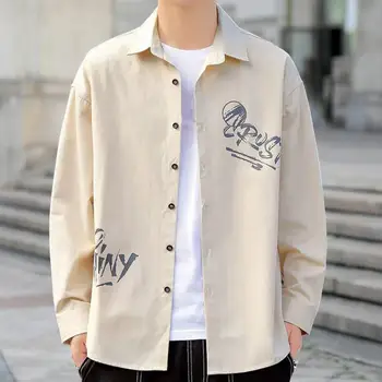 риза стил палто мъжки пролет есен дълъг ръкав риза палто с печат ревера еднореден дизайн хлабав годни връхни дрехи за случайни