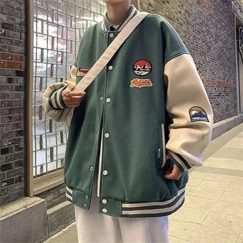 Harajuku пачуърк бродерия мъже бейзбол бомбардировач яке есенен дизайн хип-хоп хлабав случайни мода студент колеж палто