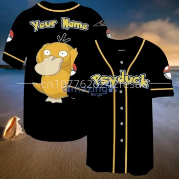 Pokemon аниме Psyduck бейзбол Джърси 3D отпечатани мода улица бейзболна риза мъжки и дамски потребителски име къс ръкав