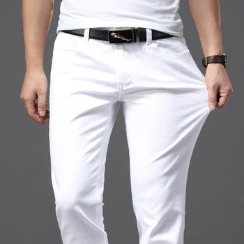 2023 Мъже бели дънки мода случайни класически стил тънък годни меки панталони мъжки марка напреднали стреч панталони