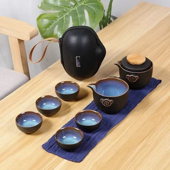 Portable чай комплект включва 1 чайник 5 чаени чаши, красива и лесна чайник чайник, китайски пътуване керамични преносими чайник gaiwan