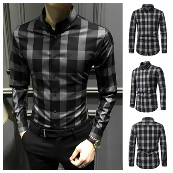 2023 Нови мъжки висококачествени ризи карирани хлабав бизнес случайни коприна гладка риза дълъг ръкав мъжки ризи