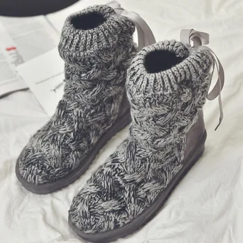 Ново Дамски ботуши за сняг ботуши 2023 плетена вълна плюс кадифе удебелена нехлъзгаща се зимна висока тръба сиви памучни обувки зимни ботуши