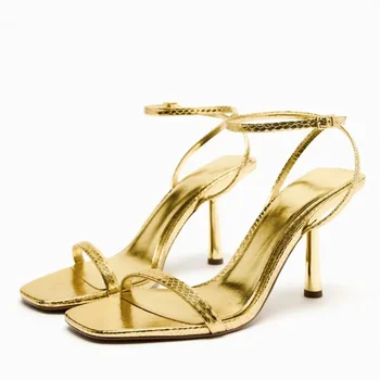 TRAF 2023 Златни жени стилет глезена дантела нагоре високи токчета квадратни пръсти сандали тънка лента прашки токчета елегантен секси лъскави обувки