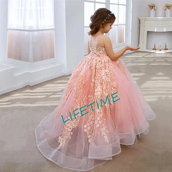 Розова дантела апликация цвете момиче рокли за сватба луксозен тюл O-образно деколте конкурс принцеса деца рожден ден парти бални рокли