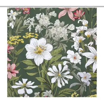 Wildflower Whimsy душ завеса водоустойчив листа и флорални баня изкуство 183x183cm с 12pcs куки лесно да се мотае