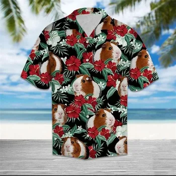 Мъжка мода летни тениски хавайски хамстер животно 3d печат уютен случайни един бутон ризи къс ръкав плаж извънгабаритни ризи