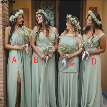 Градински чай зелени шаферски рокли 2023 шифон A-линия разстояние рамото страна сплит плисе етаж дължина сватбено парти рокли с крила