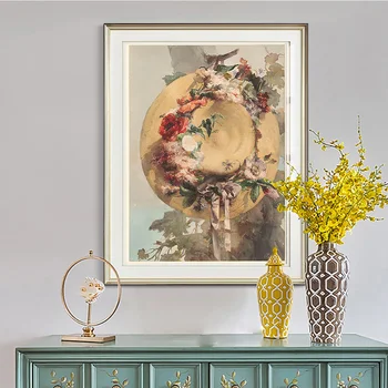 Анджело Роси реколта изкуство печат плакат сламена шапка с роза карамфил и метличина платно живопис цвете стена стикери декор