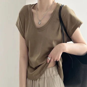 2023 Лято Нова дамска тениска Casual Simple Tee U-образно деколте Къс ръкав Тънък плътен цвят Широк маншет Топ женски корейски дрехи 676