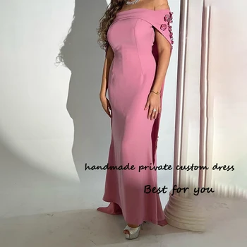 Розови русалка вечерни рокли за жени 3D цвете сатен арабски Дубай официална рокля с нос на рамото абитуриентски парти рокли