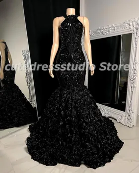 Поръчкови черни русалки абитуриентски рокли без ръкави с високо деколте пайети парти рокли роза африкански жени Evenig износване