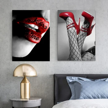 Секси червени чорапи за устни Високи токчета Плакати и отпечатъци Платно живопис Картини за стена за стая и декорация на дома