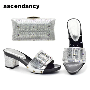 Сребърни италиански обувки със съвпадащи чанти за сватба Италия Африкански комплект обувки и чанти Rhinestone токчета съвпадение обувки и чанта комплект