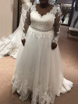 2024 Елегантен дълъг ръкав апликации плюс размер сватбени рокли Скромна африканска дантела булчинска рокля Vestidos de noiva