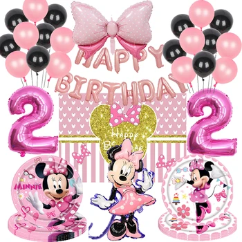 Disney Мини Маус декорация момиче парти розов прибори за хранене доставки комплект балони покривка плоча хартия чаша бебе душ рожден ден