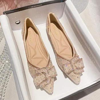 шампанско цвят плоски обувки женски посочи 2023 есен лято нов сребърен нисък ток кристал сватба булчински обувки помпиZJ196