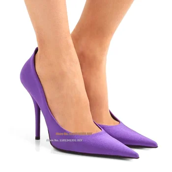 Лилаво ликра шал висок ток парти обувки жените посочи пръсти приплъзване на тънки високи токчета дамски обувки