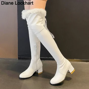 Бяло бедро високи ботуши зимни изкуствени кожени ботуши жени над коляното ботуши 6CM петата дълъг ботуш женски високи токчета кожа плюшена жена