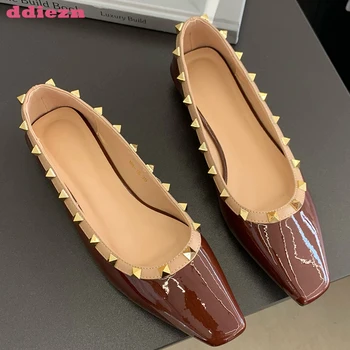Обувки за дами Луксозен нит Летен ежедневен плосък с женски обувки 2023 Мода Плитък квадрат Toe Жени Апартаменти Обувки Слайдове