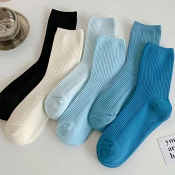 1 чифт оребрени плетени чорапи със средна дължина, плътни цветни смесени чорапи с кръгло деколте, дамски ежедневни спортни чорапи