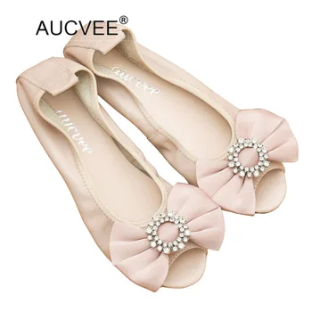 AUCVEE Плюс размер 34-43 естествена кожа обувки отворени пръсти сладък лък балет плоски дамски сандали Bling кристал приплъзване на Mocassin обувки