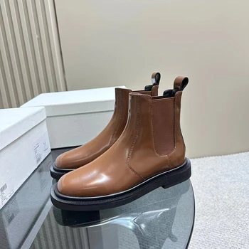 Solid New Cowhide Mid-calf Chelsea Boots Winter Висококачествени обувки от естествена кожа за жени Кафяви черни дамски обувки